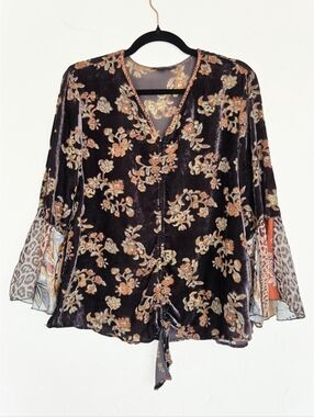 John Mark Velvet Burnout Floral Boho Plum Orange Tie Front Top, S
